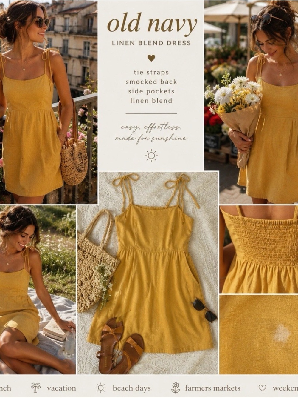 Old Navy Dress Medium Yellow Linen Blend Tie Strap Cottagecore Smocked Y2K Boho